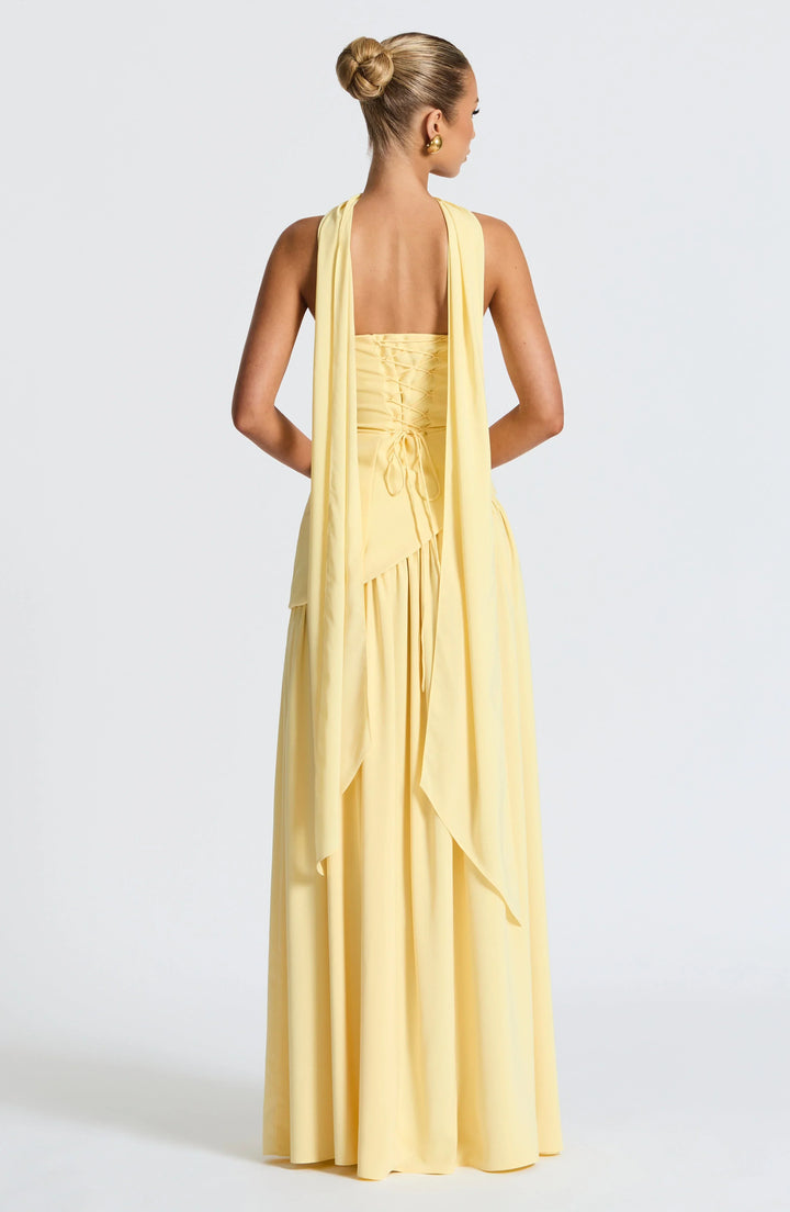 Harper | Strapless Corset Neck Scarf High Slit Formal Maxi Dress