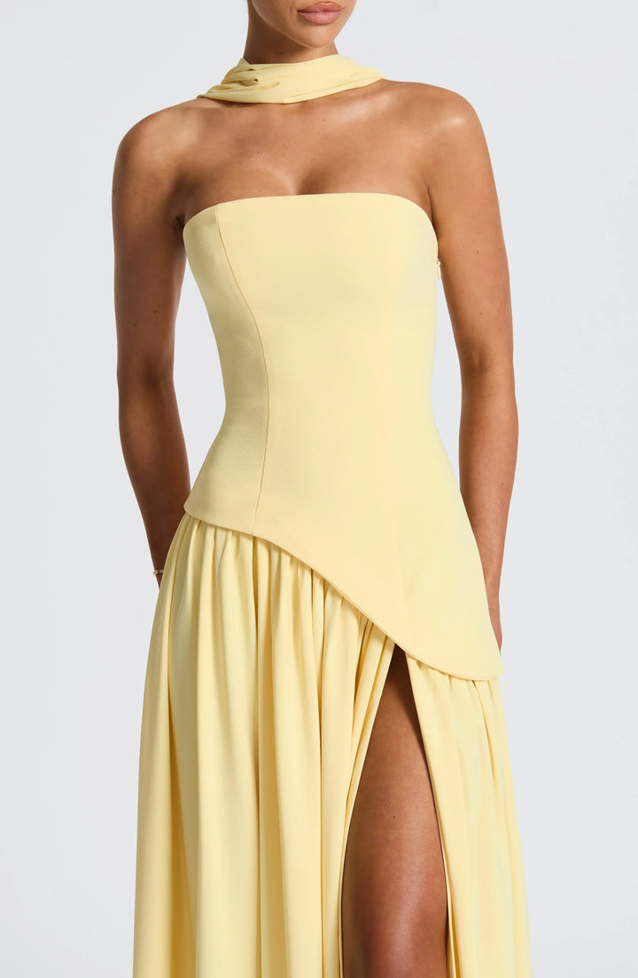 Harper | Strapless Corset Neck Scarf High Slit Formal Maxi Dress