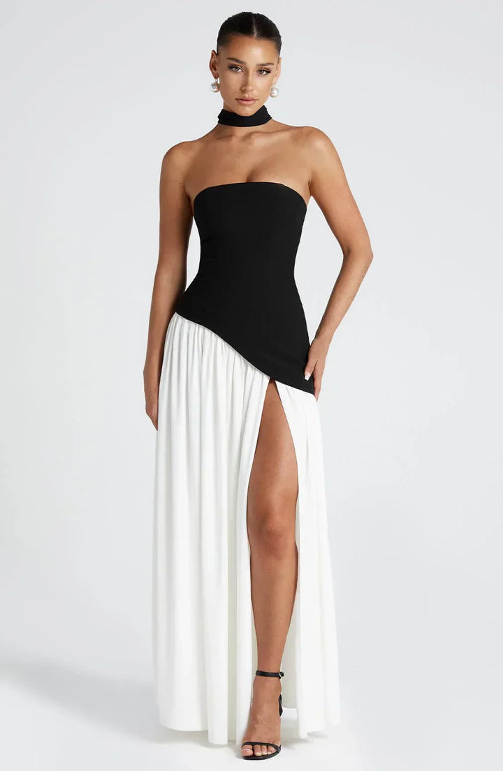 Harper | Strapless Corset Neck Scarf High Slit Formal Maxi Dress