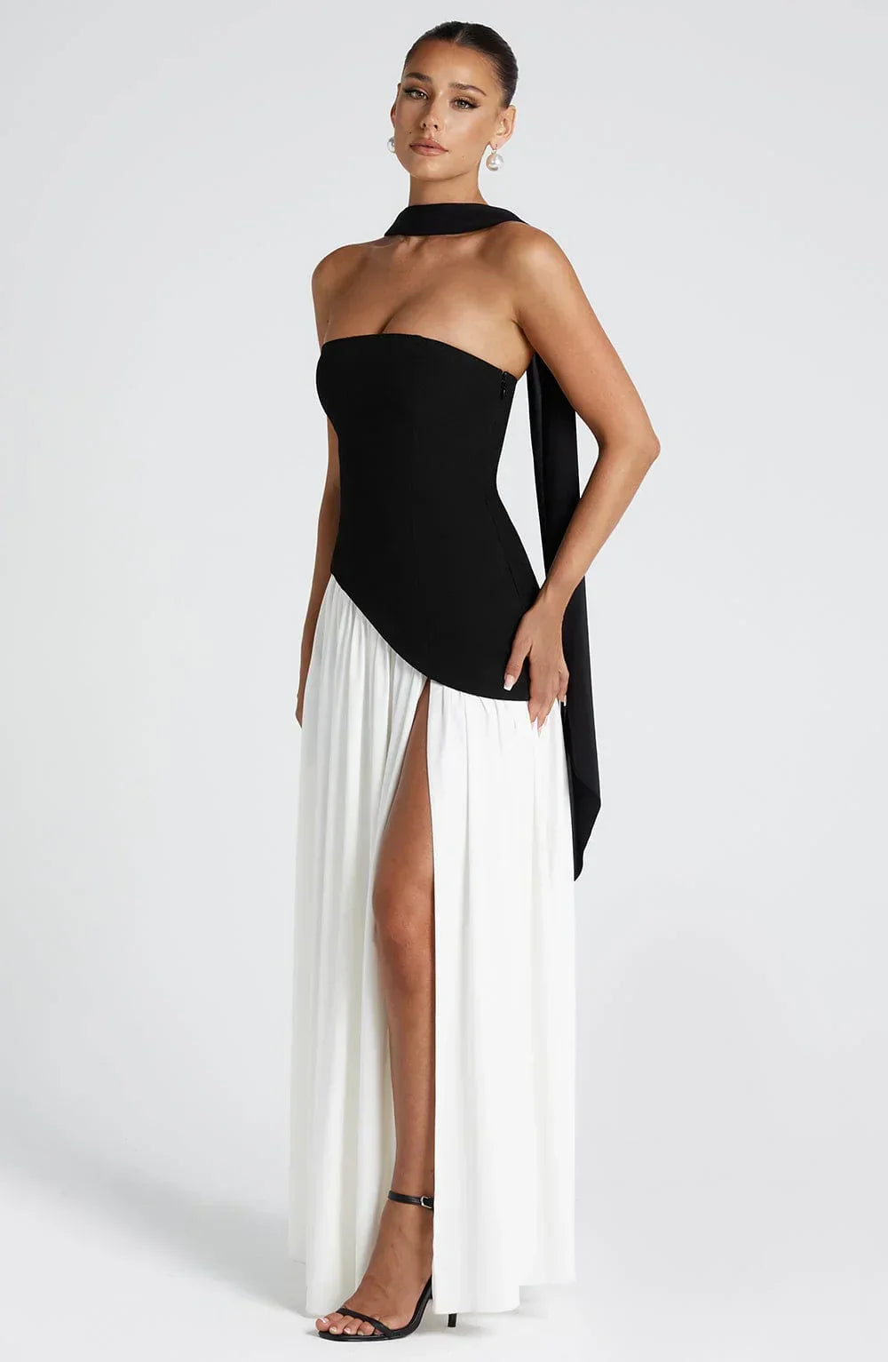 Harper | Strapless Corset Neck Scarf High Slit Formal Maxi Dress