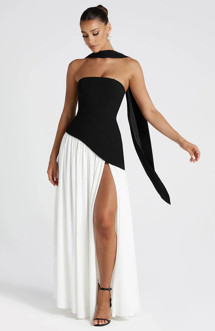 Harper | Strapless Corset Neck Scarf High Slit Formal Maxi Dress