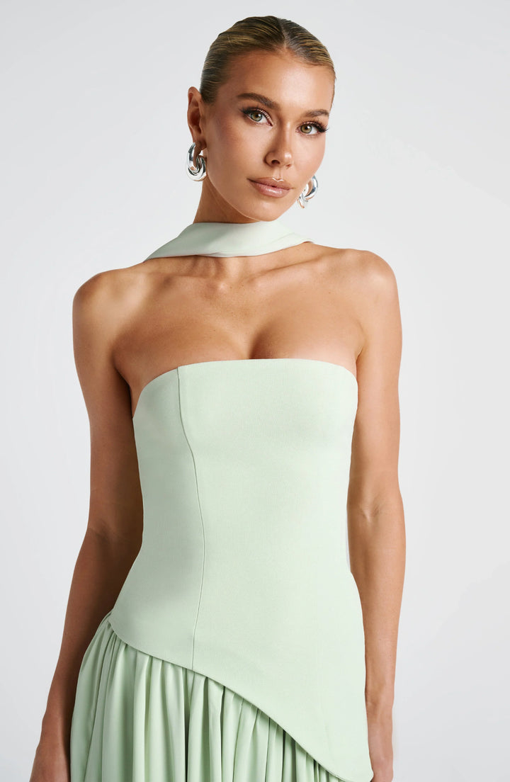 Harper | Strapless Corset Neck Scarf High Slit Formal Maxi Dress