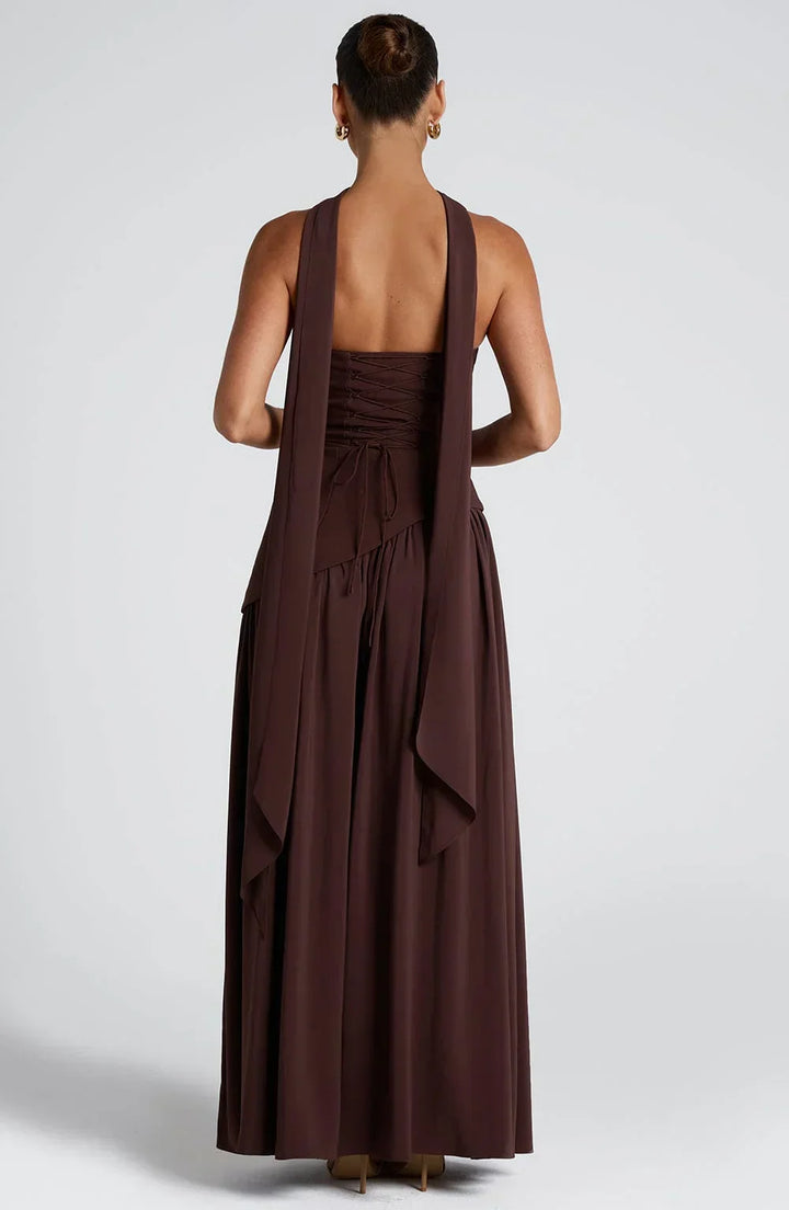 Harper | Strapless Corset Neck Scarf High Slit Formal Maxi Dress