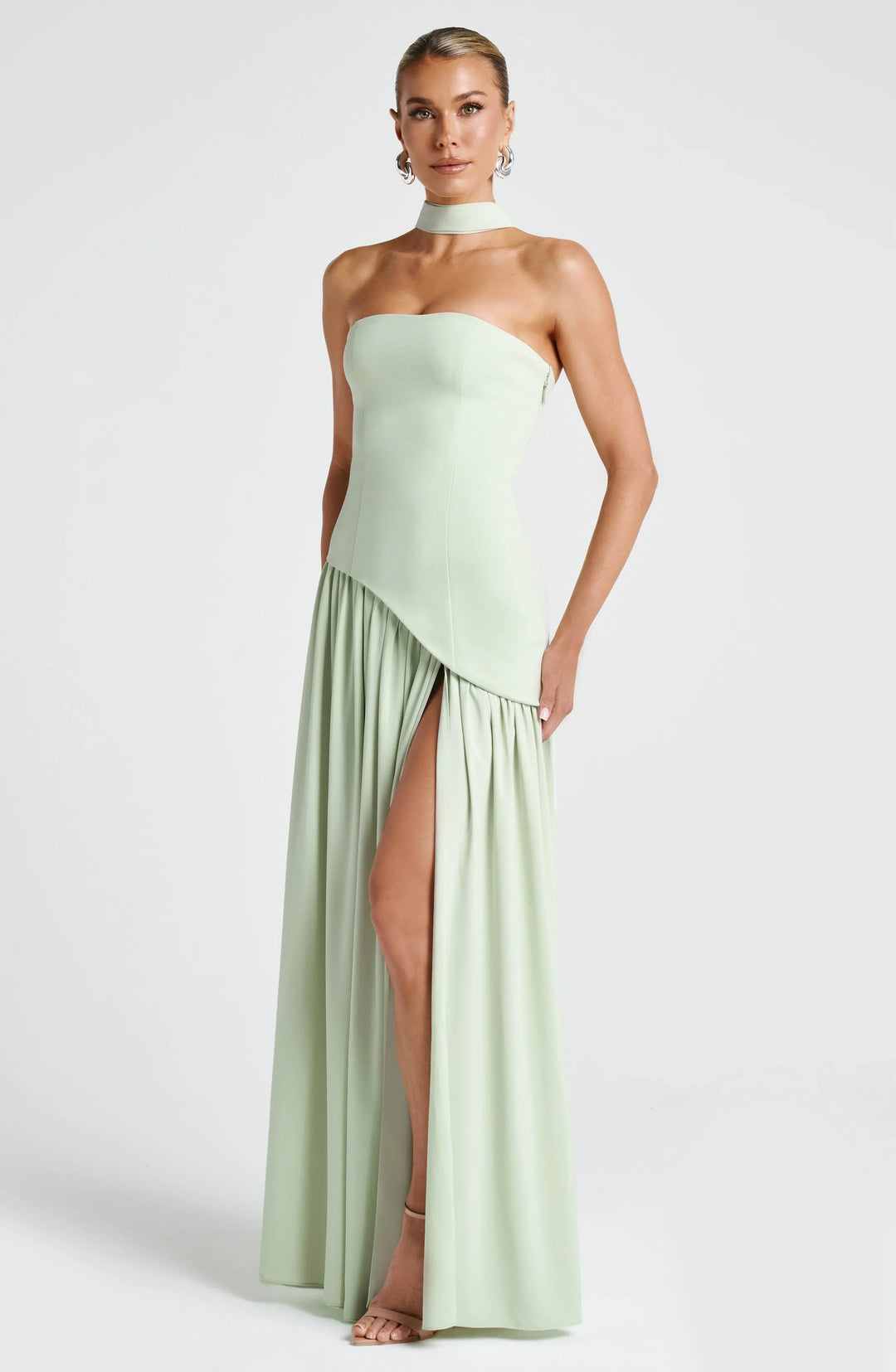 Harper | Strapless Corset Neck Scarf High Slit Formal Maxi Dress