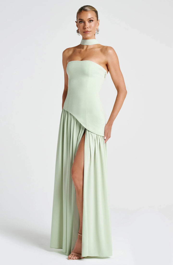 Harper | Strapless Corset Neck Scarf High Slit Formal Maxi Dress