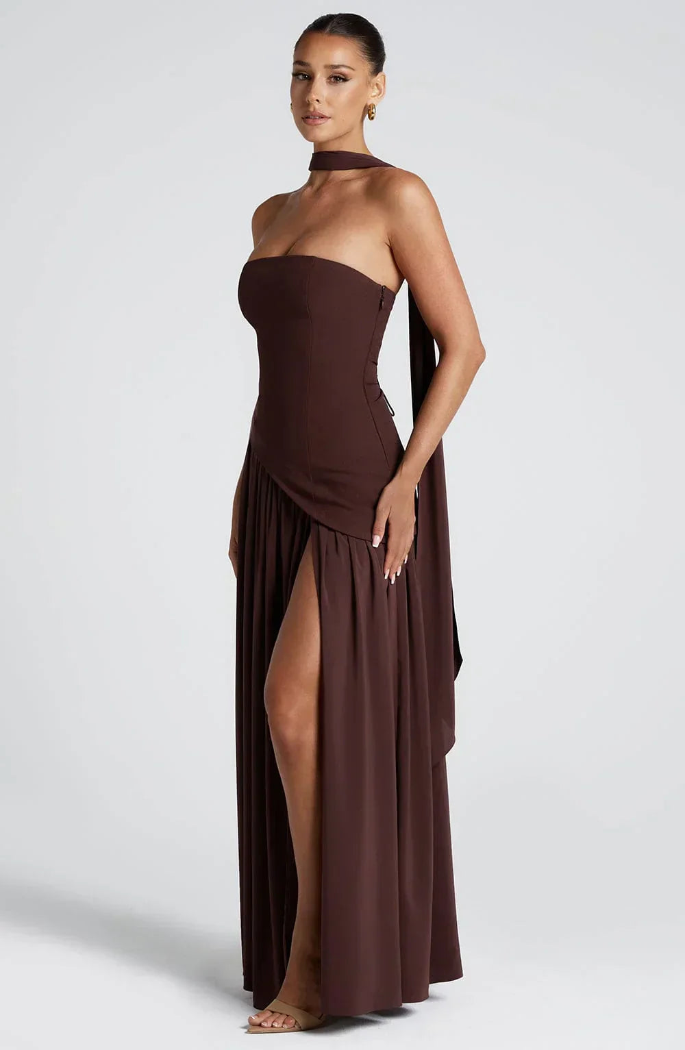 Harper | Strapless Corset Neck Scarf High Slit Formal Maxi Dress