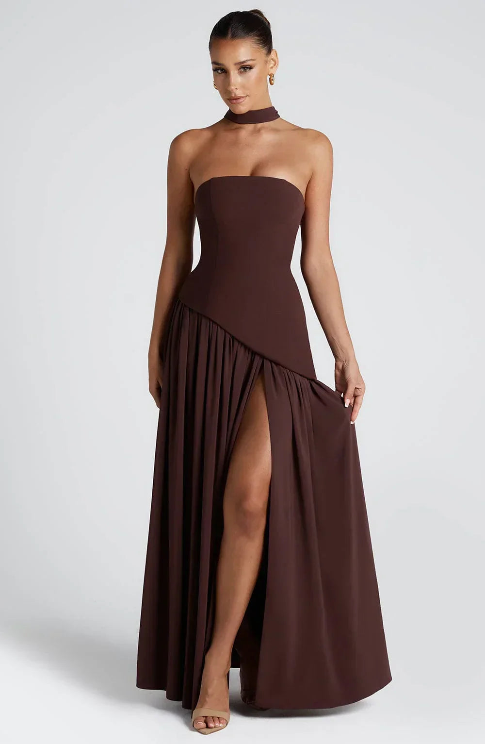 Harper | Strapless Corset Neck Scarf High Slit Formal Maxi Dress