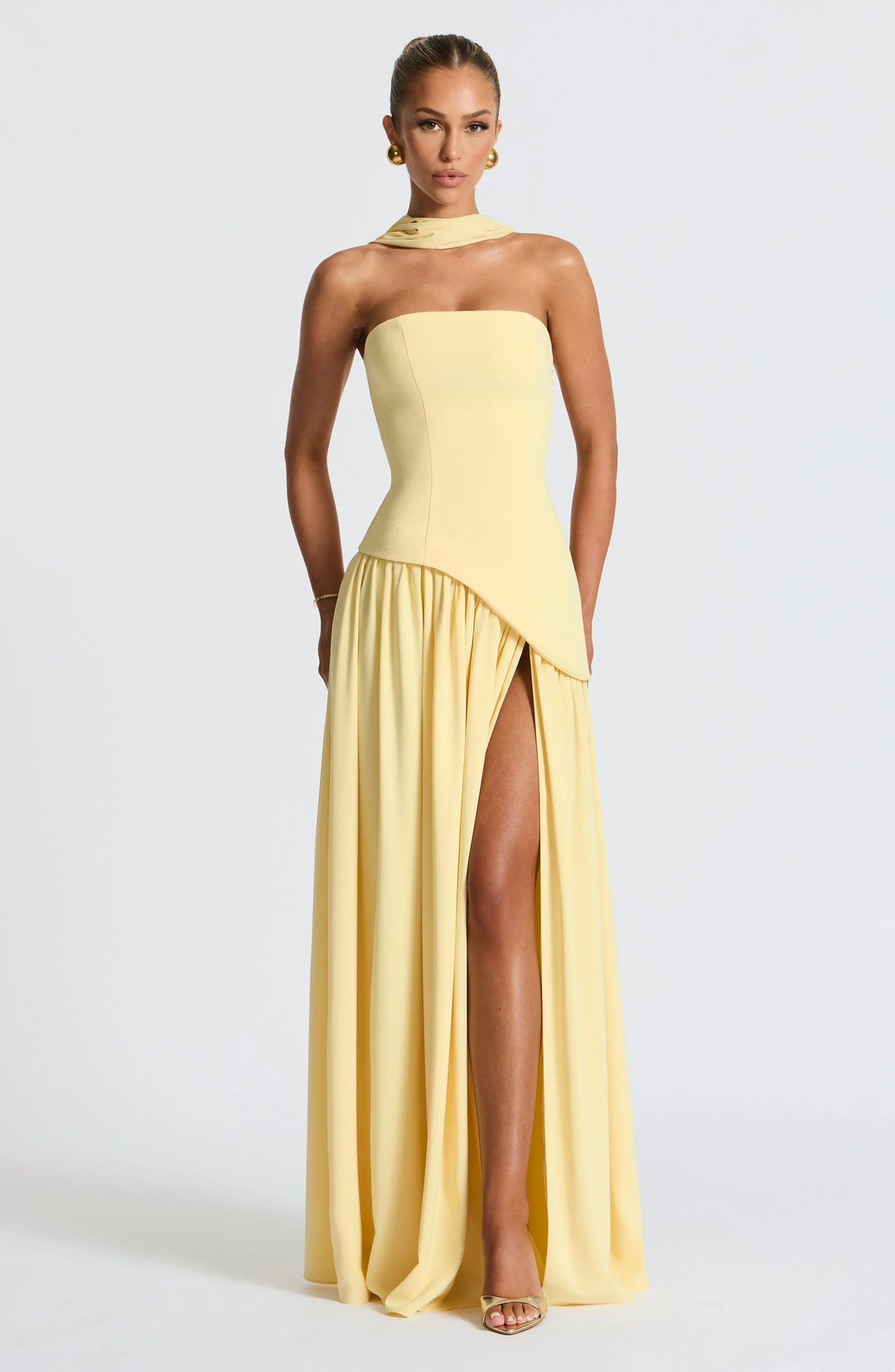 Harper | Strapless Corset Neck Scarf High Slit Formal Maxi Dress