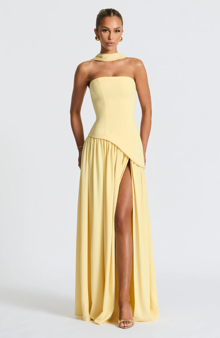 Harper | Strapless Corset Neck Scarf High Slit Formal Maxi Dress