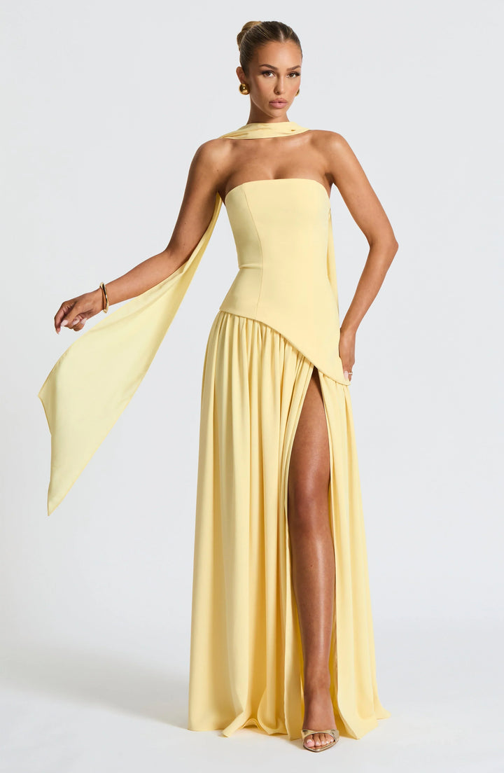 Harper | Strapless Corset Neck Scarf High Slit Formal Maxi Dress