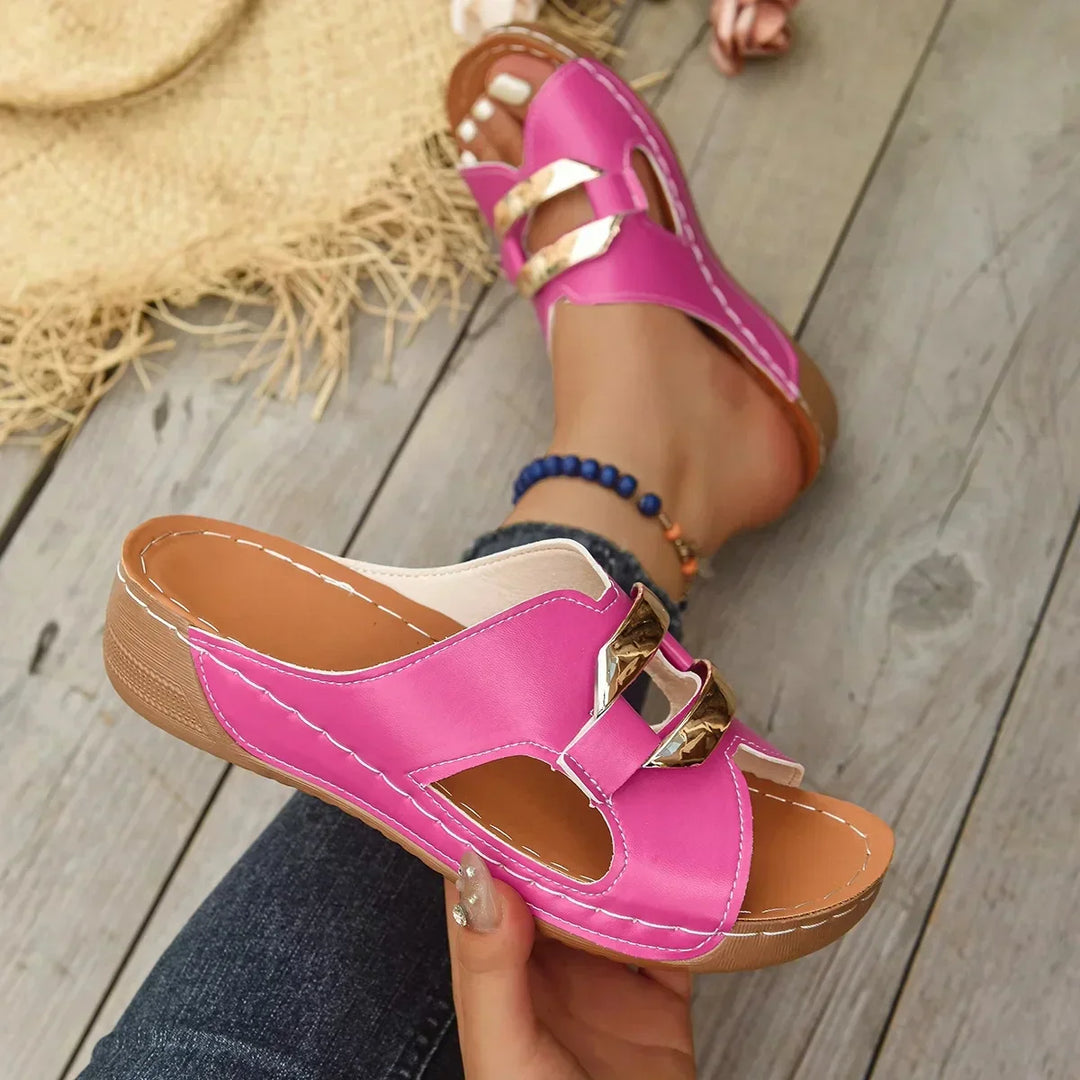 Harper | Gold Hardware Cutout Slip On Wedge Mules