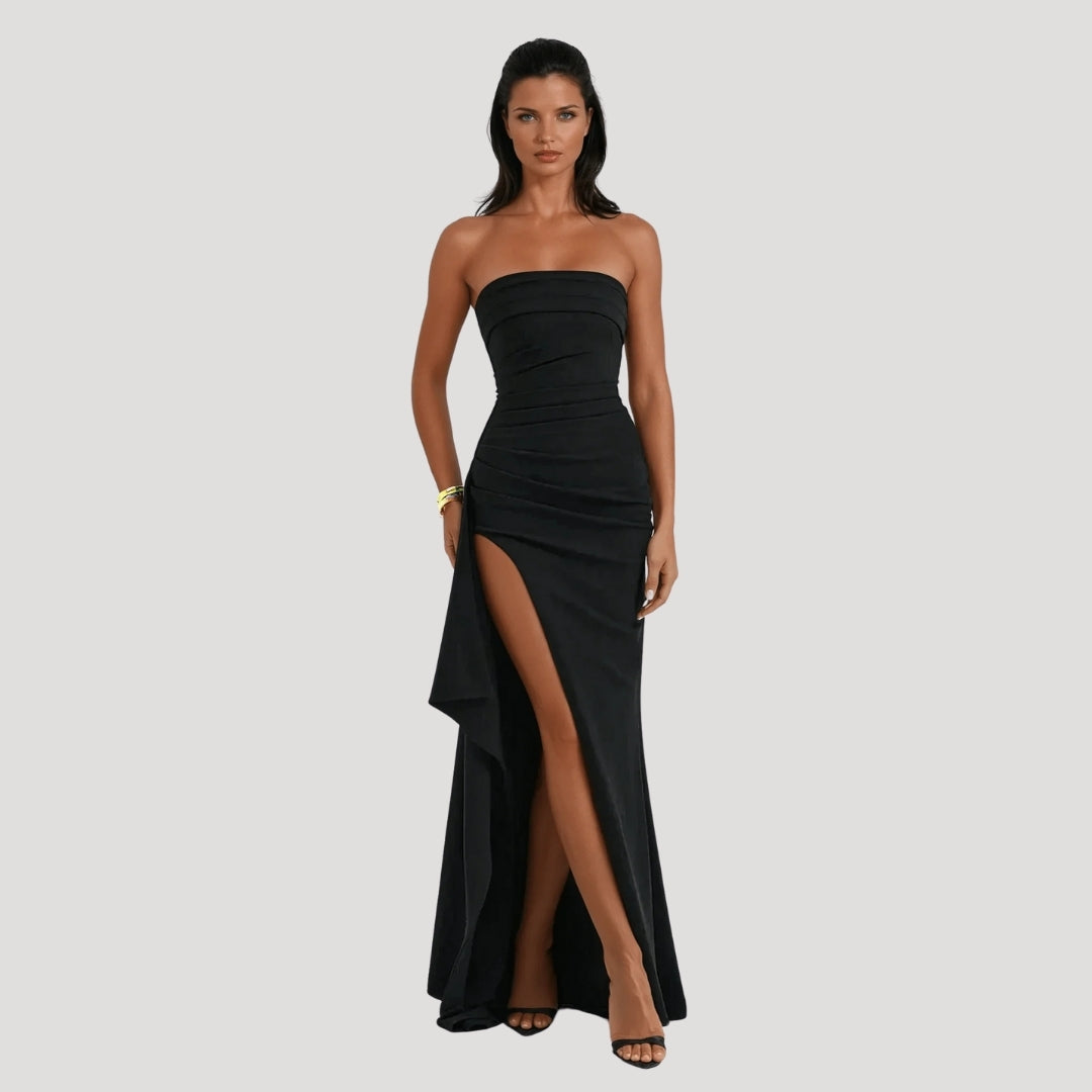 Isla | Strapless Ruched Draped High Slit Black Formal Maxi Dress