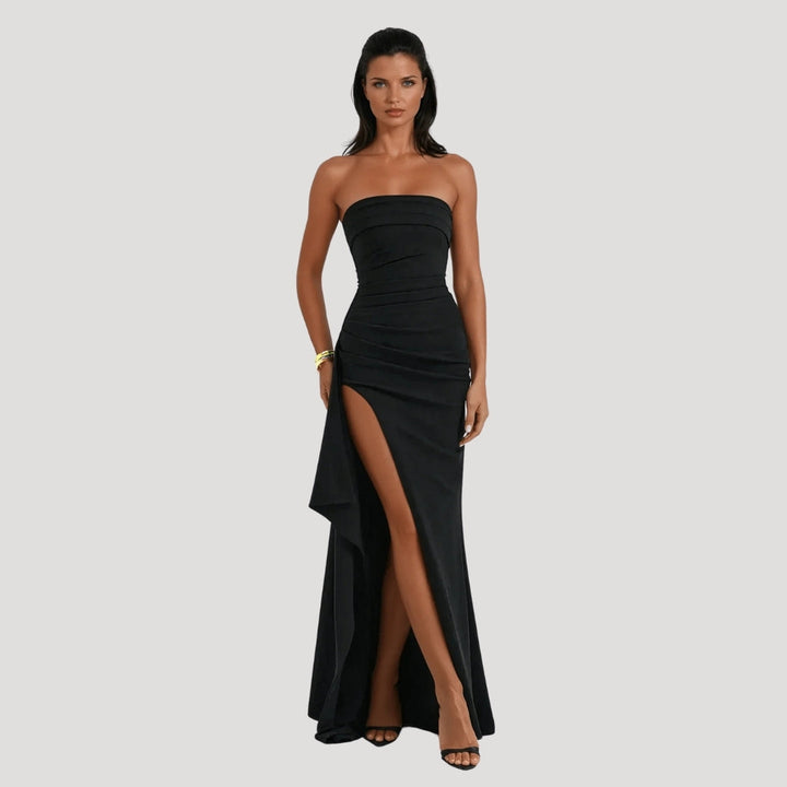 Isla | Strapless Ruched Draped High Slit Black Formal Maxi Dress