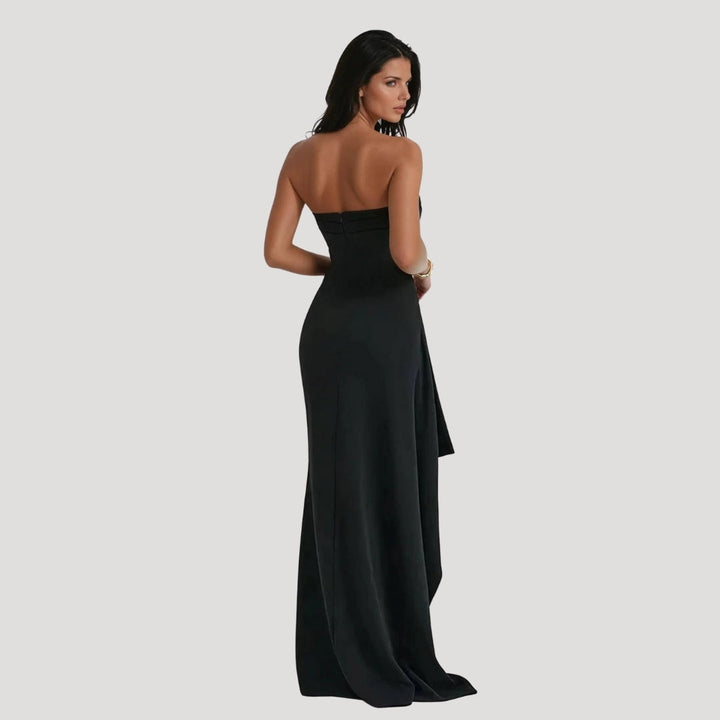 Isla | Strapless Ruched Draped High Slit Black Formal Maxi Dress