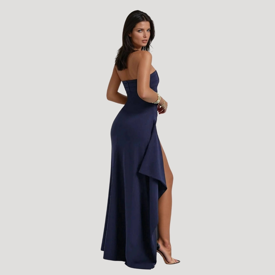 Isla | Strapless Ruched Draped High Slit Black Formal Maxi Dress