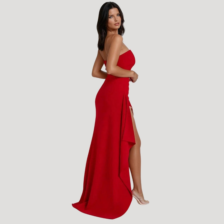 Isla | Strapless Ruched Draped High Slit Black Formal Maxi Dress
