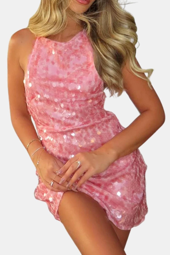 Aria | Pink Sequin Halter Neck Sleeveless Ruched Mini Dress