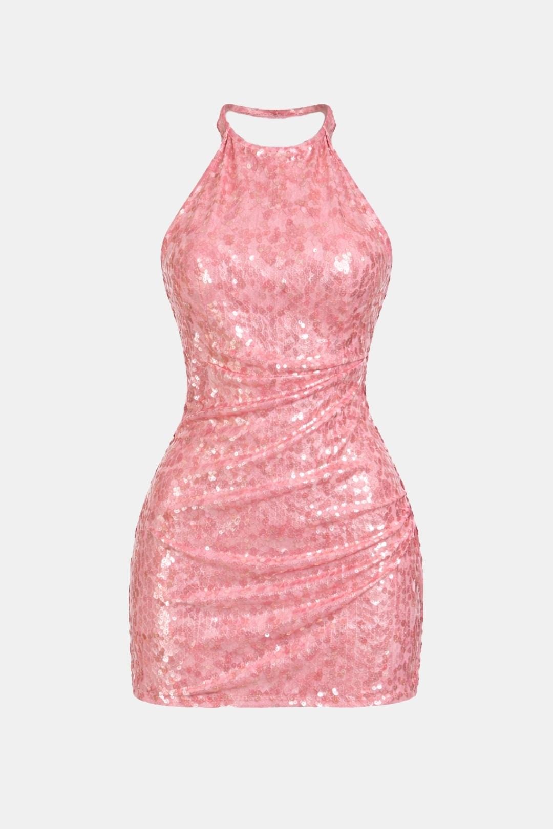 Aria | Pink Sequin Halter Neck Sleeveless Ruched Mini Dress