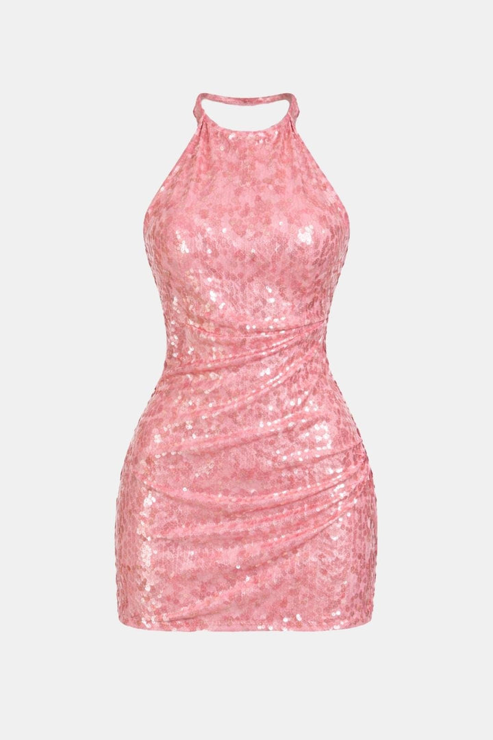 Aria | Pink Sequin Halter Neck Sleeveless Ruched Mini Dress