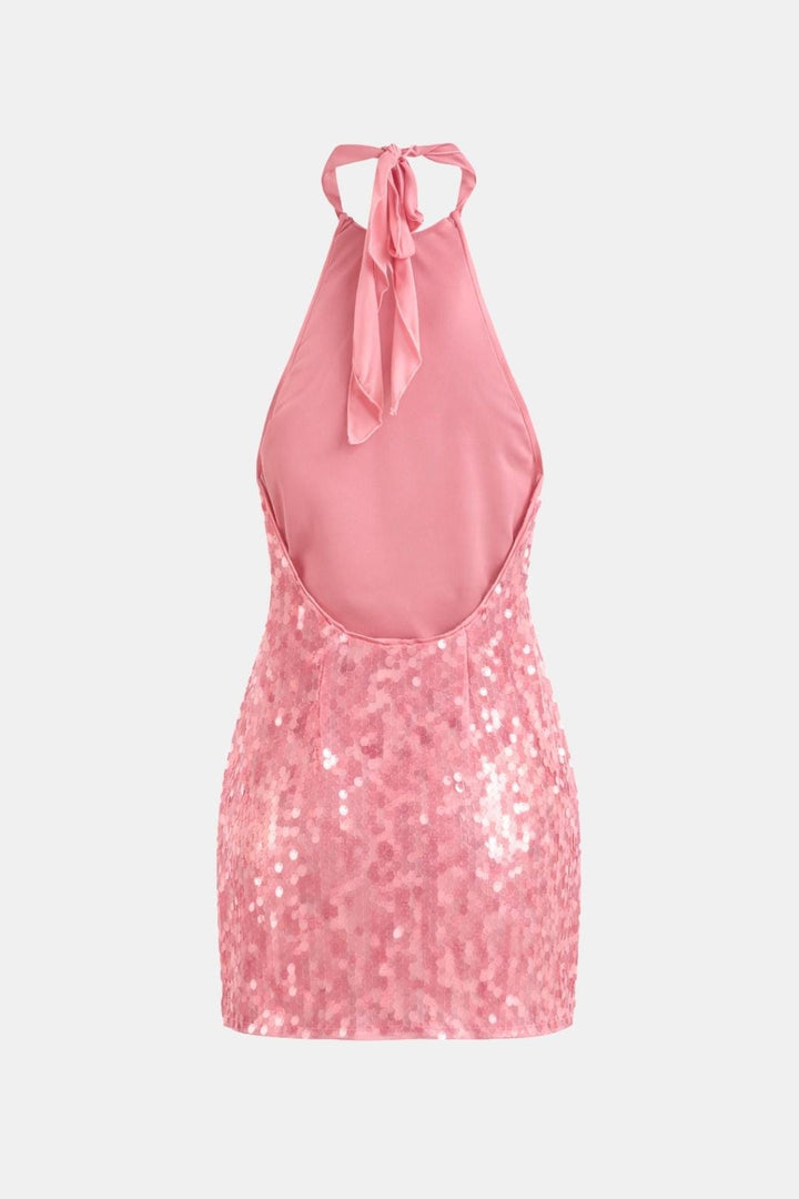 Aria | Pink Sequin Halter Neck Sleeveless Ruched Mini Dress