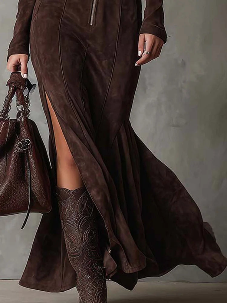 Renee | Brown Suede Zip Front Belted Long Sleeve Maxi Dress
