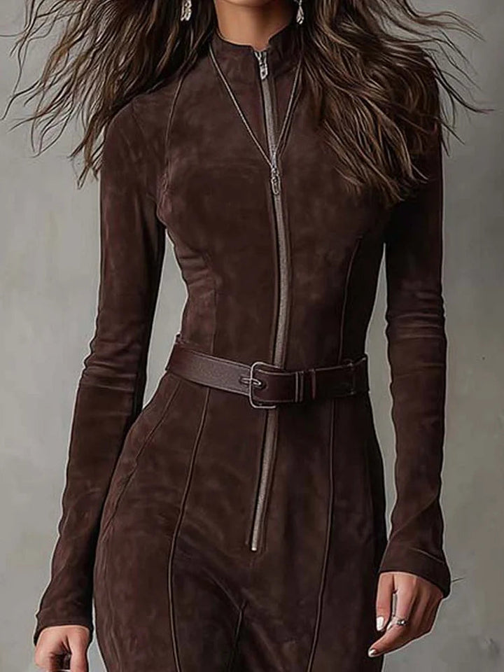 Renee | Brown Suede Zip Front Belted Long Sleeve Maxi Dress