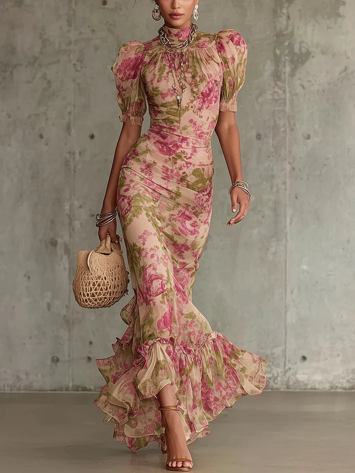 Roselyn | Pink Floral Mesh High Neck Puff Sleeve Ruched Maxi Dress