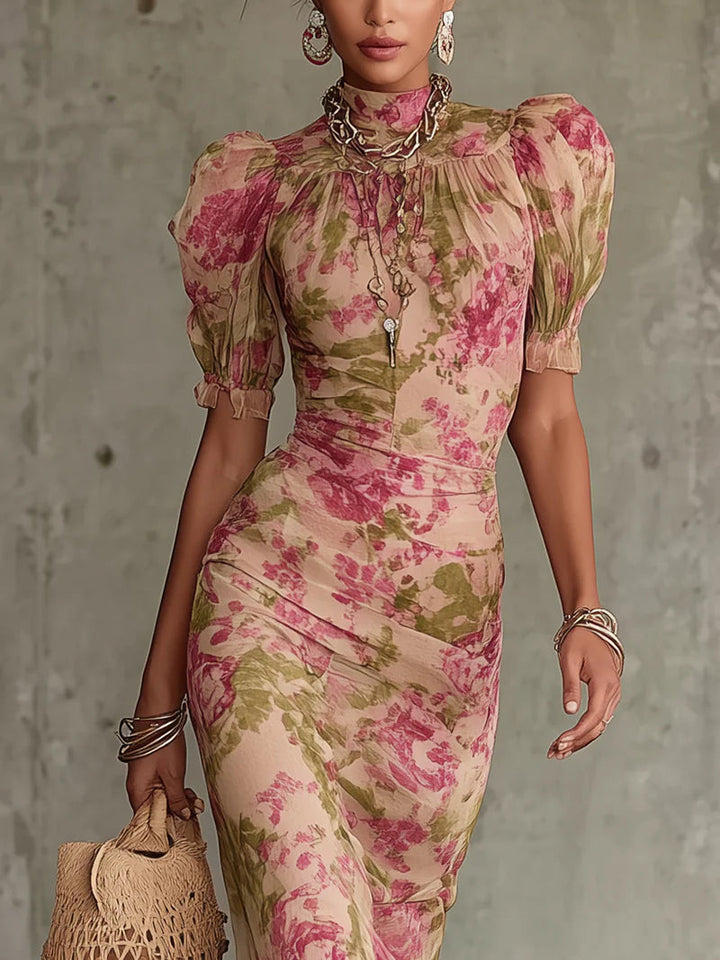 Roselyn | Pink Floral Mesh High Neck Puff Sleeve Ruched Maxi Dress