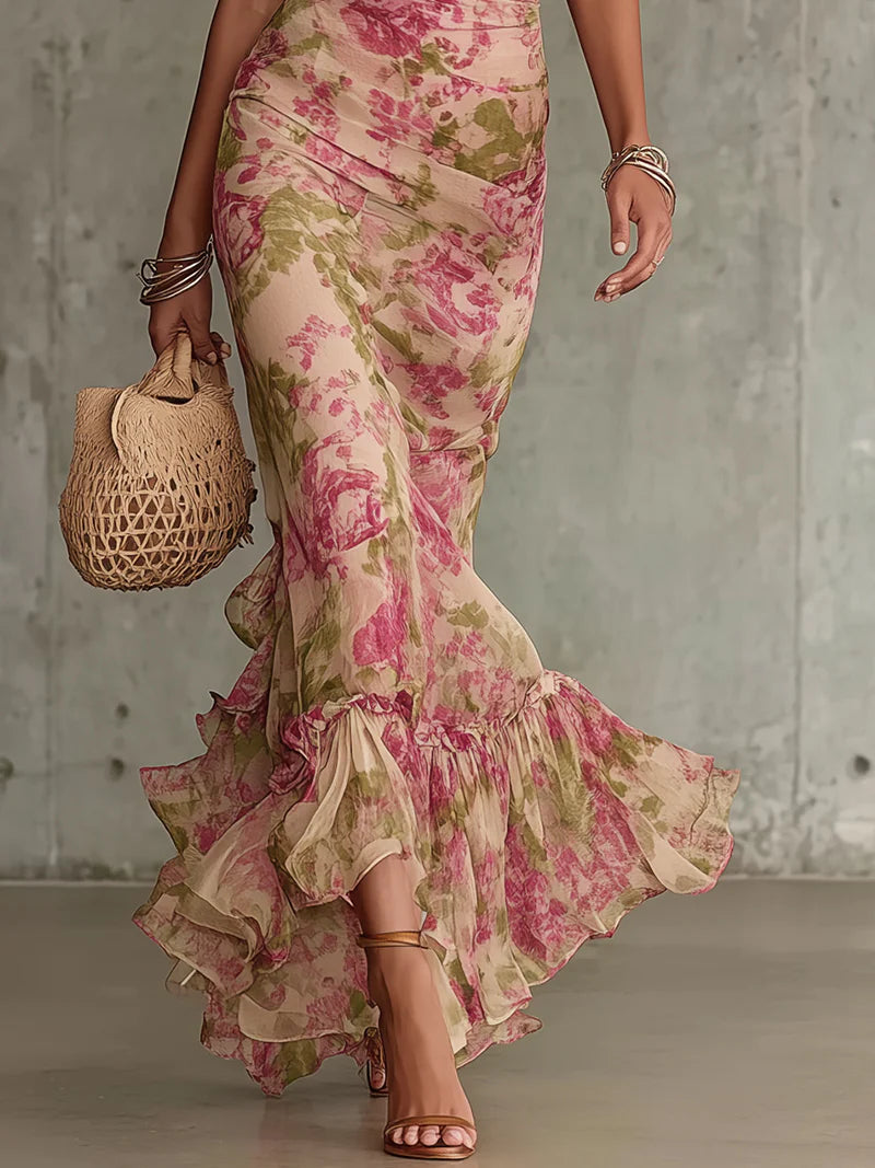 Roselyn | Pink Floral Mesh High Neck Puff Sleeve Ruched Maxi Dress
