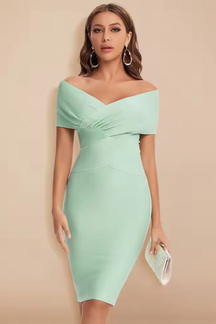 Celeste | Off Shoulder Ruched Crossover Bodycon Midi Dress