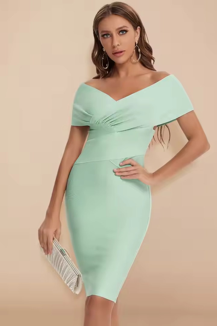 Celeste | Off Shoulder Ruched Crossover Bodycon Midi Dress