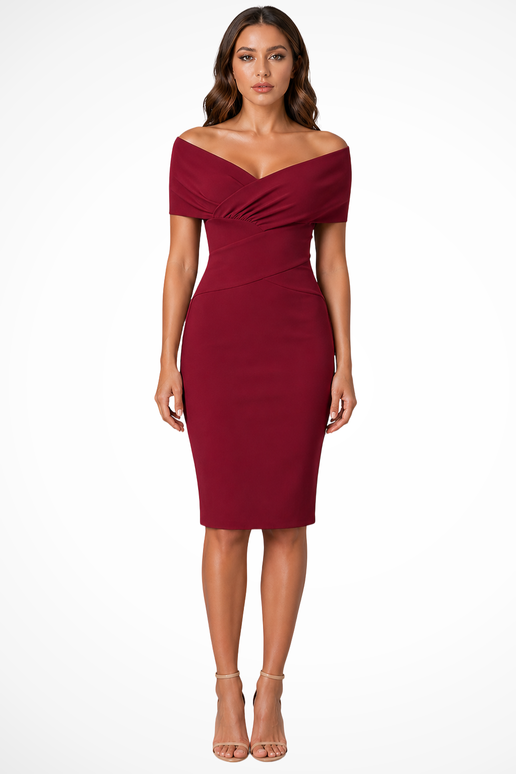 Celeste | Off Shoulder Ruched Crossover Bodycon Midi Dress