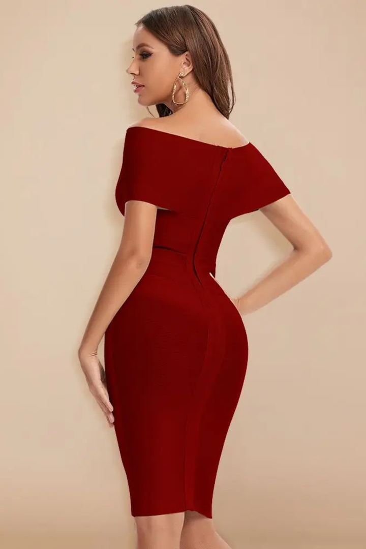 Celeste | Off Shoulder Ruched Crossover Bodycon Midi Dress