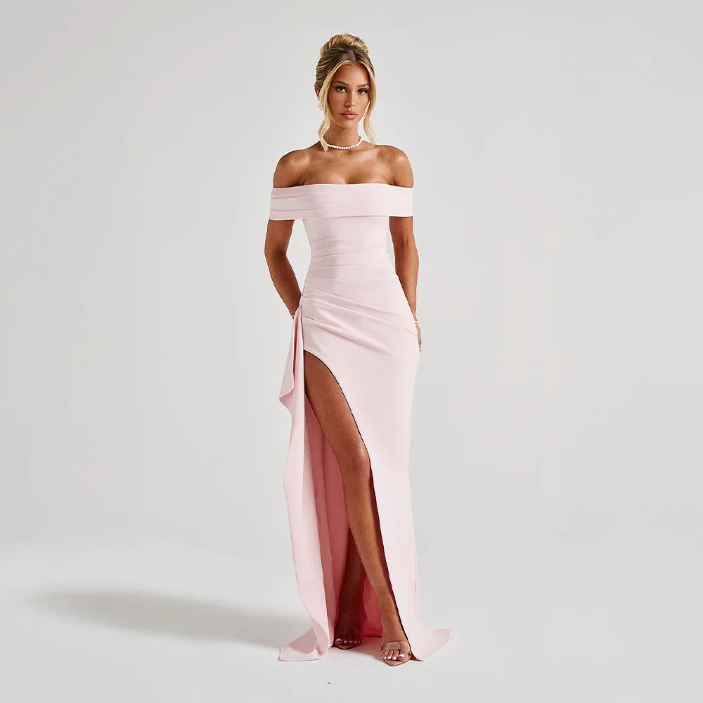 Audrey | Off Shoulder Ruched High Slit Formal Maxi Dress