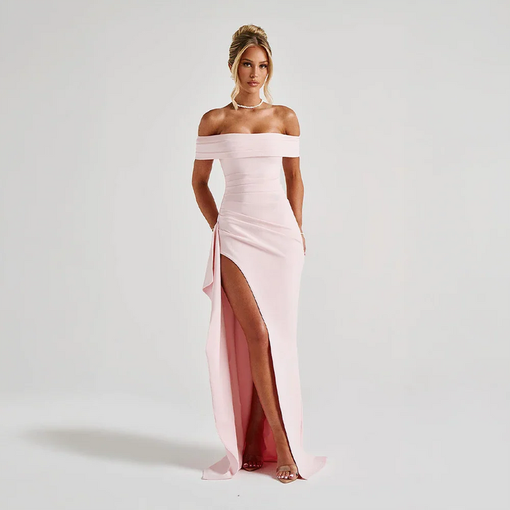 Audrey | Off Shoulder Ruched High Slit Formal Maxi Dress