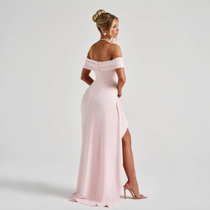 Audrey | Off Shoulder Ruched High Slit Formal Maxi Dress