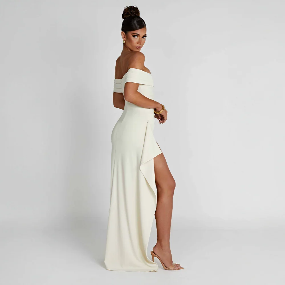 Audrey | Off Shoulder Ruched High Slit Formal Maxi Dress