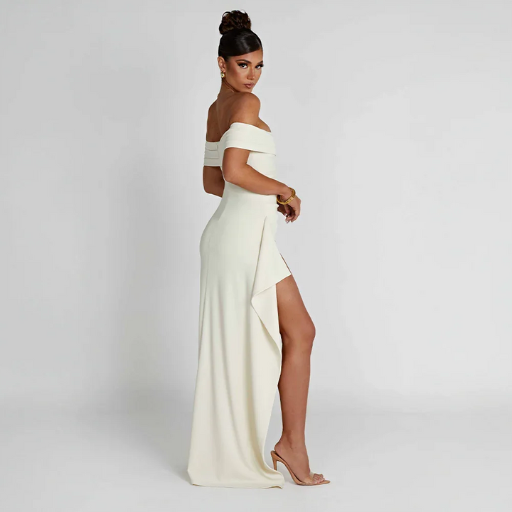 Audrey | Off Shoulder Ruched High Slit Formal Maxi Dress