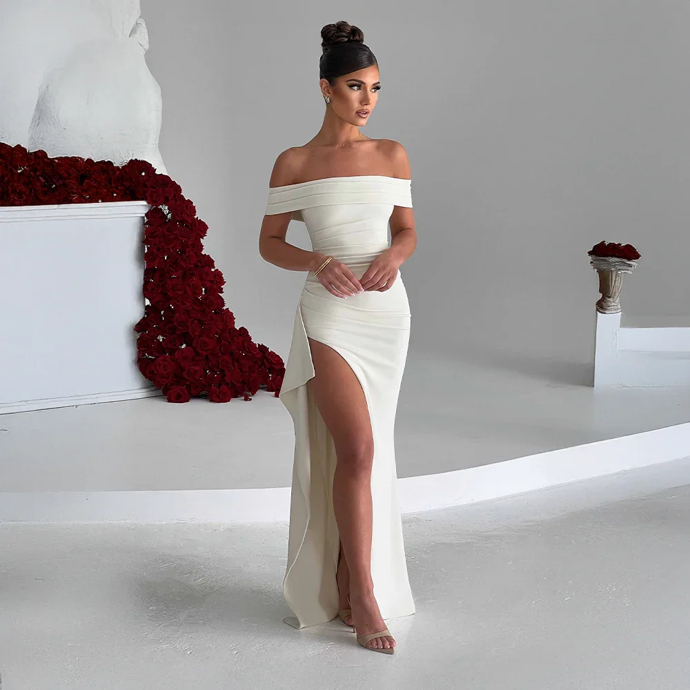 Audrey | Off Shoulder Ruched High Slit Formal Maxi Dress