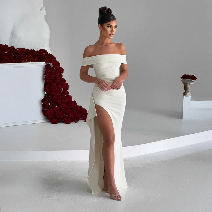 Audrey | Off Shoulder Ruched High Slit Formal Maxi Dress