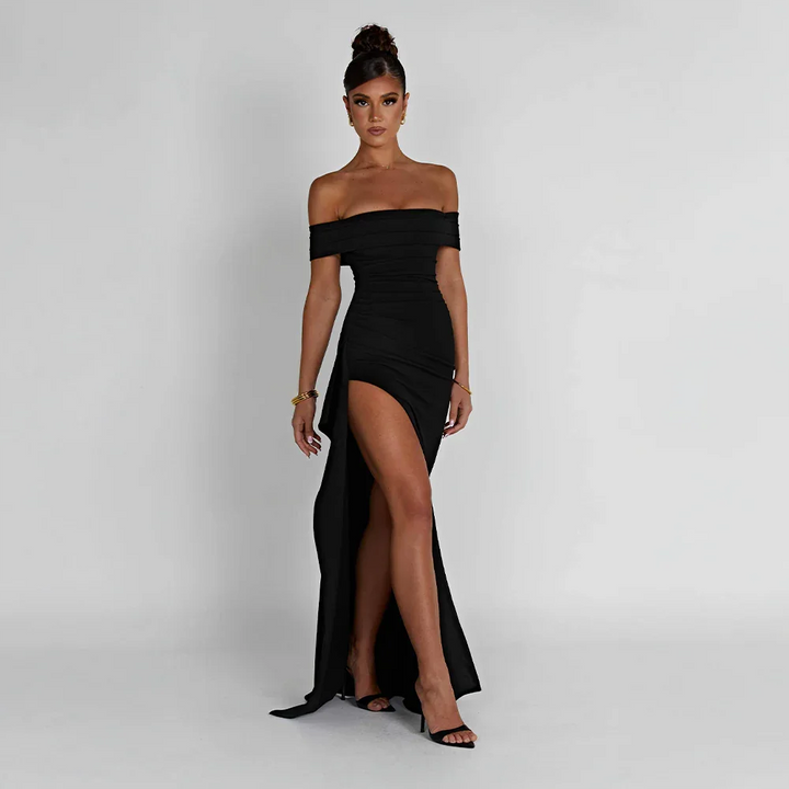 Audrey | Off Shoulder Ruched High Slit Formal Maxi Dress