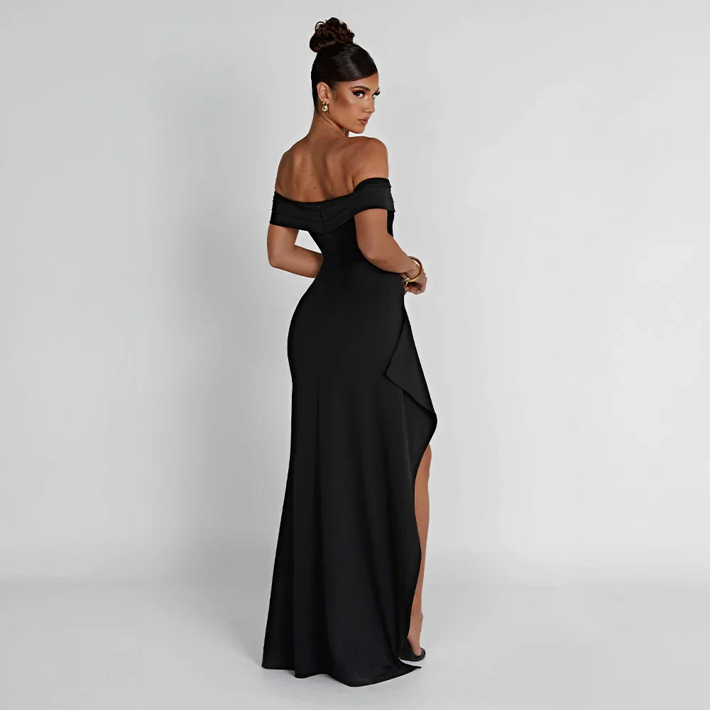 Audrey | Off Shoulder Ruched High Slit Formal Maxi Dress