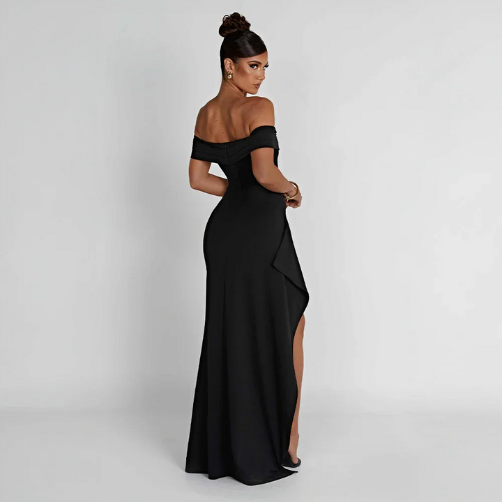 Audrey | Off Shoulder Ruched High Slit Formal Maxi Dress