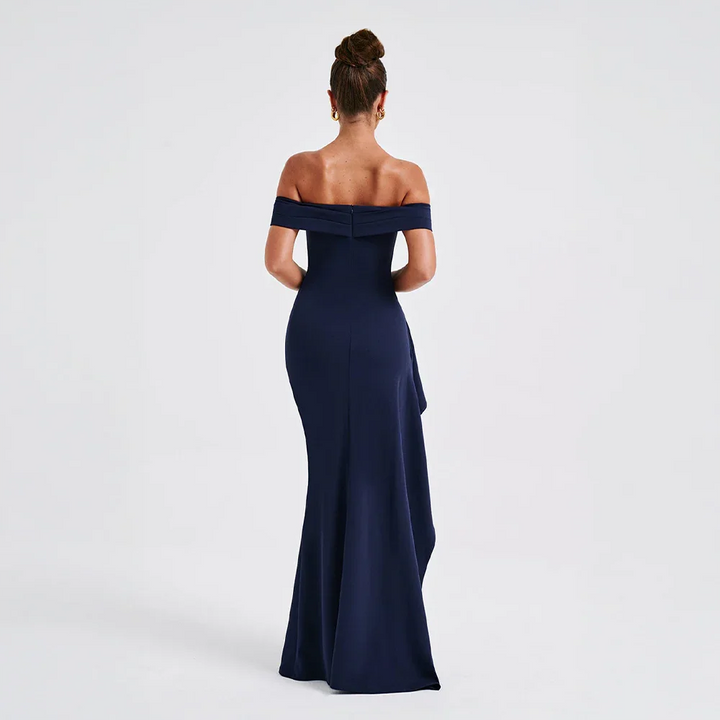 Audrey | Off Shoulder Ruched High Slit Formal Maxi Dress