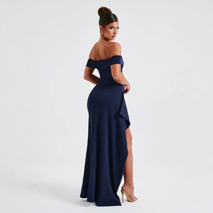 Audrey | Off Shoulder Ruched High Slit Formal Maxi Dress