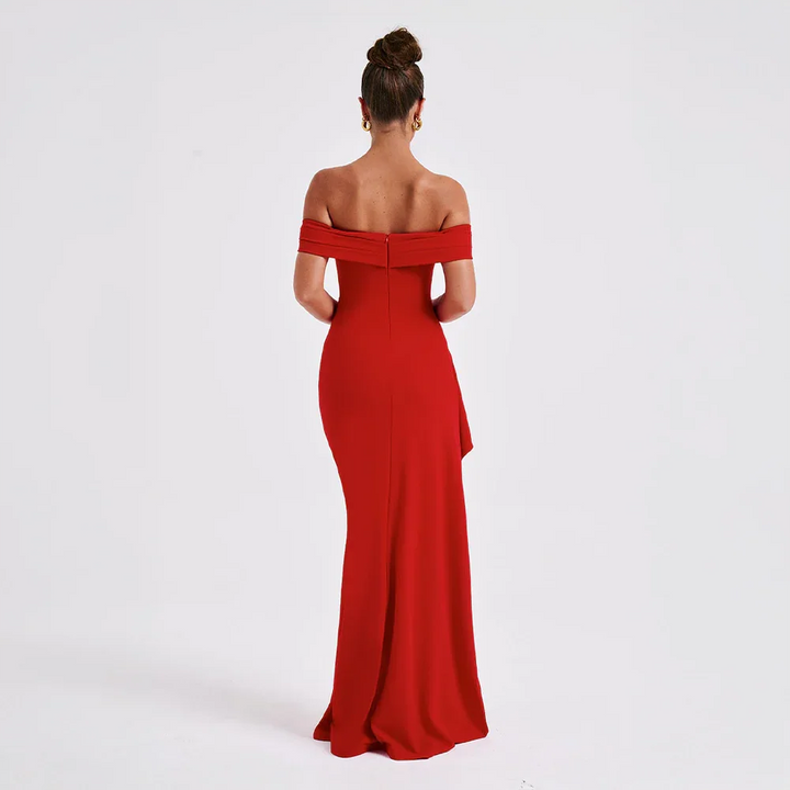 Audrey | Off Shoulder Ruched High Slit Formal Maxi Dress