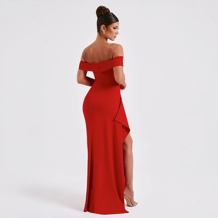Audrey | Off Shoulder Ruched High Slit Formal Maxi Dress