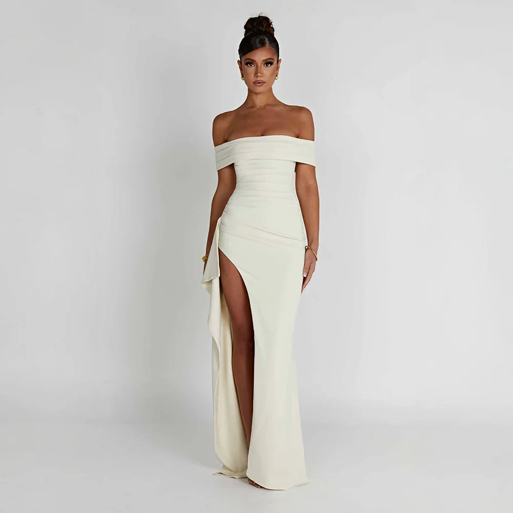 Audrey | Off Shoulder Ruched High Slit Formal Maxi Dress