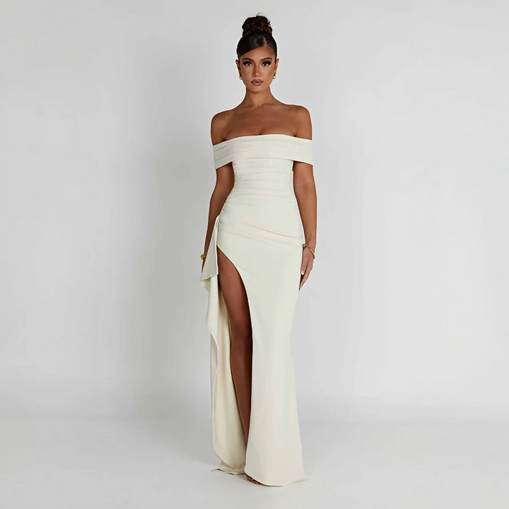 Audrey | Off Shoulder Ruched High Slit Formal Maxi Dress
