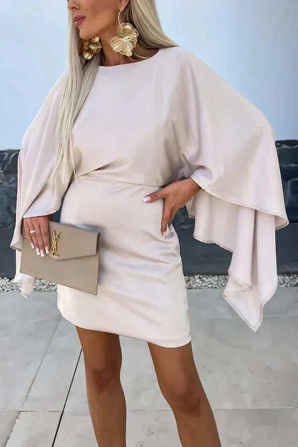 Sage | Satin Batwing Cape Sleeve Cocktail Mini Dress